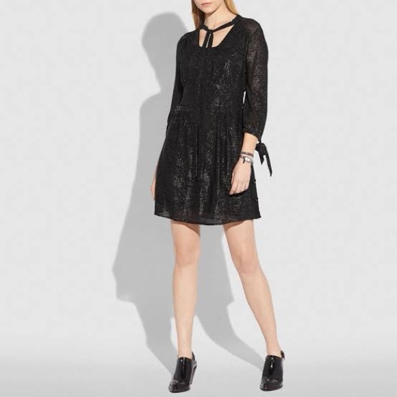 New Coach Lurex Tie Neck Black Shimmer Dress Size 8 NWT - Picture 2 of 5